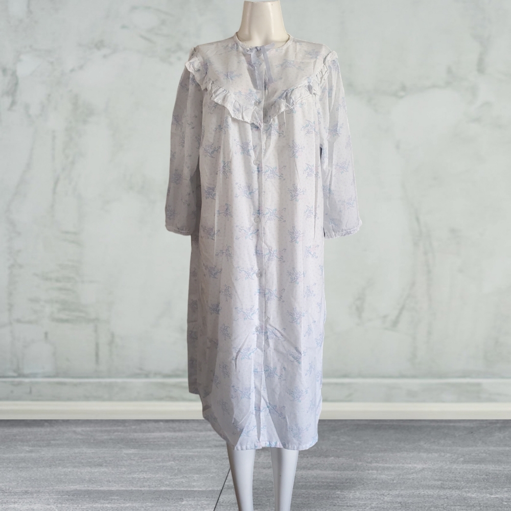 Vintage 70s LynAnne Floral Ruffle Buttons Front Night Gown  House Dress Size M